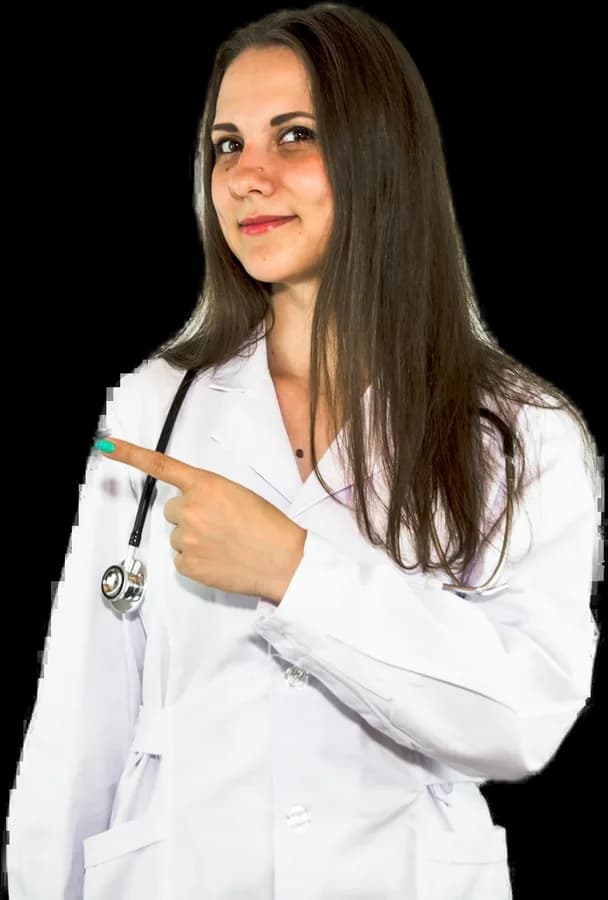 Profissional de saúde de jaleco branco apontando para o lado
