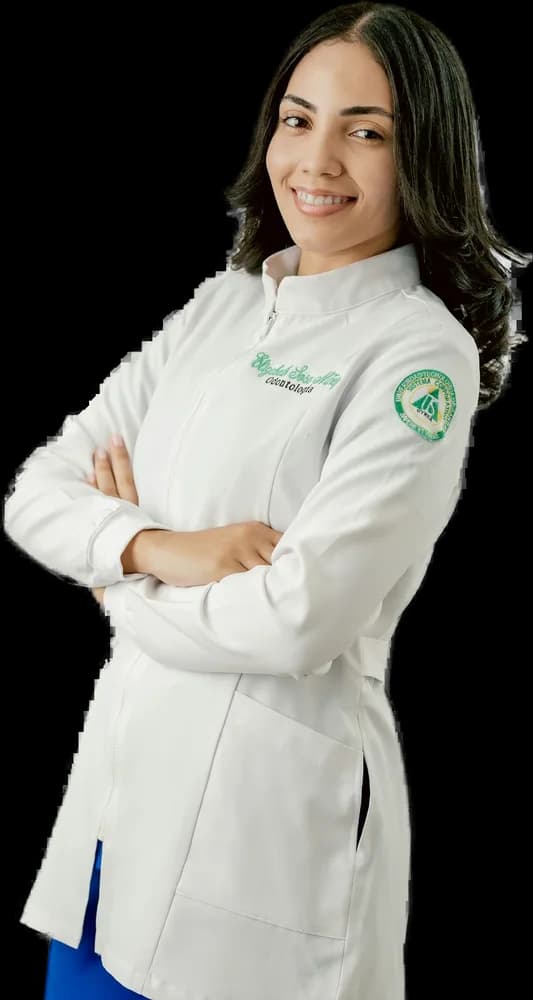 Profissional de saúde sorrindo, de braços cruzados, com jaleco branco