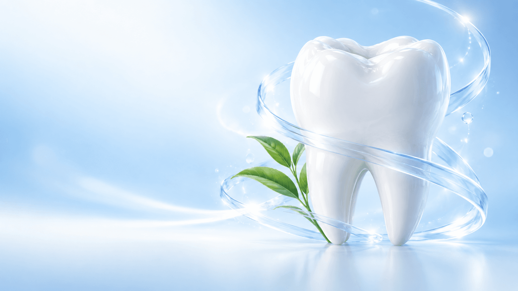 Dente branco saudável envolto por fitas de luz, com um ramo verde